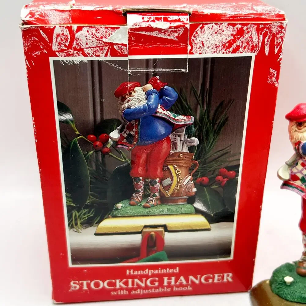VTG HandPainted Potpourri Designs Golfing Santa Stocking Hanger w/Cast Iron Base